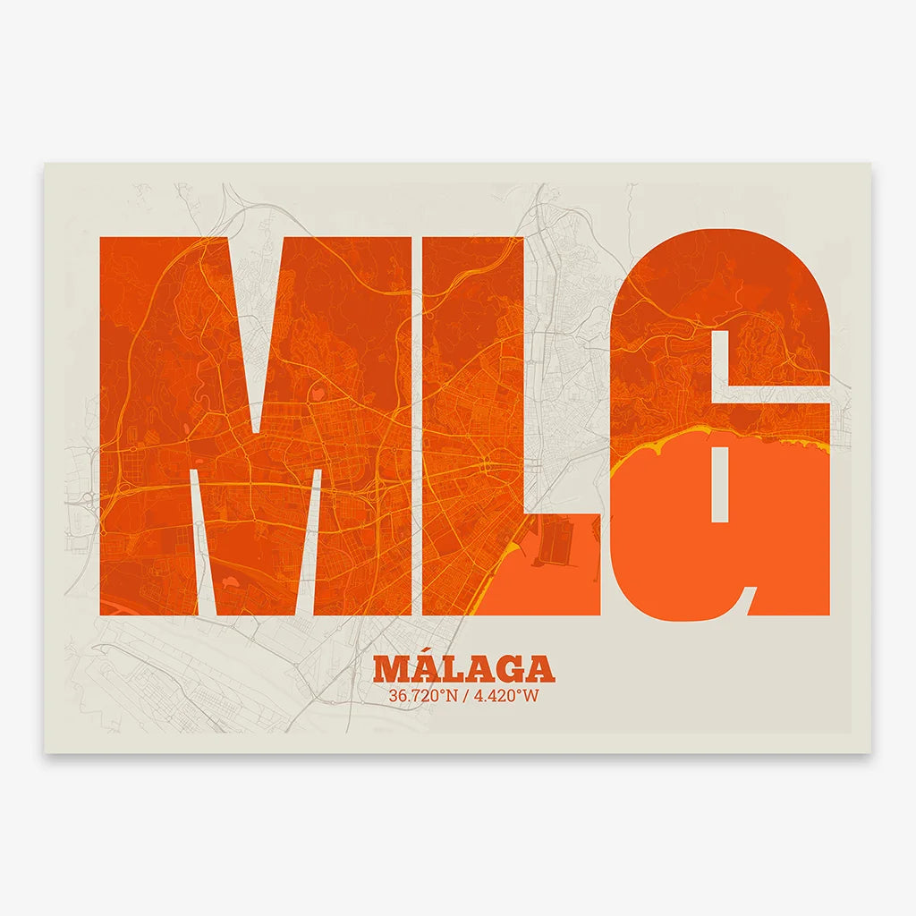 Decorative print of Malaga composed with letters in a heavy geometric font printed on orange and an off-white background