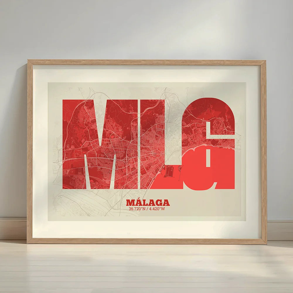 Framed Malaga in Super Bold design, a typographic poster where the city map is overlaid with extra-thick lettering for a modern, high-impact look designed in red and an off-white background with a white margin border in a warm lit minimalist setting