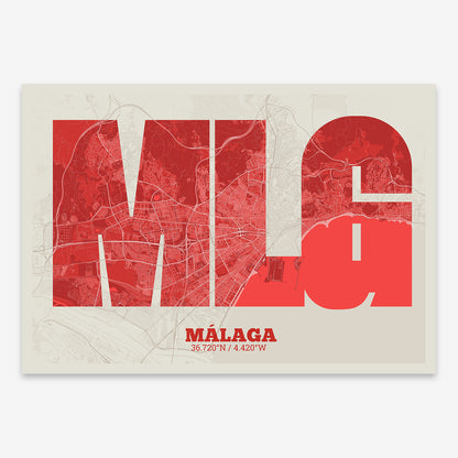 The map of Malaga composed with letters in a heavy geometric font printed on red and an off-white background