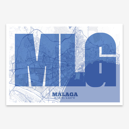 The map of Malaga composed with letters in a heavy geometric font printed on navy blue and white