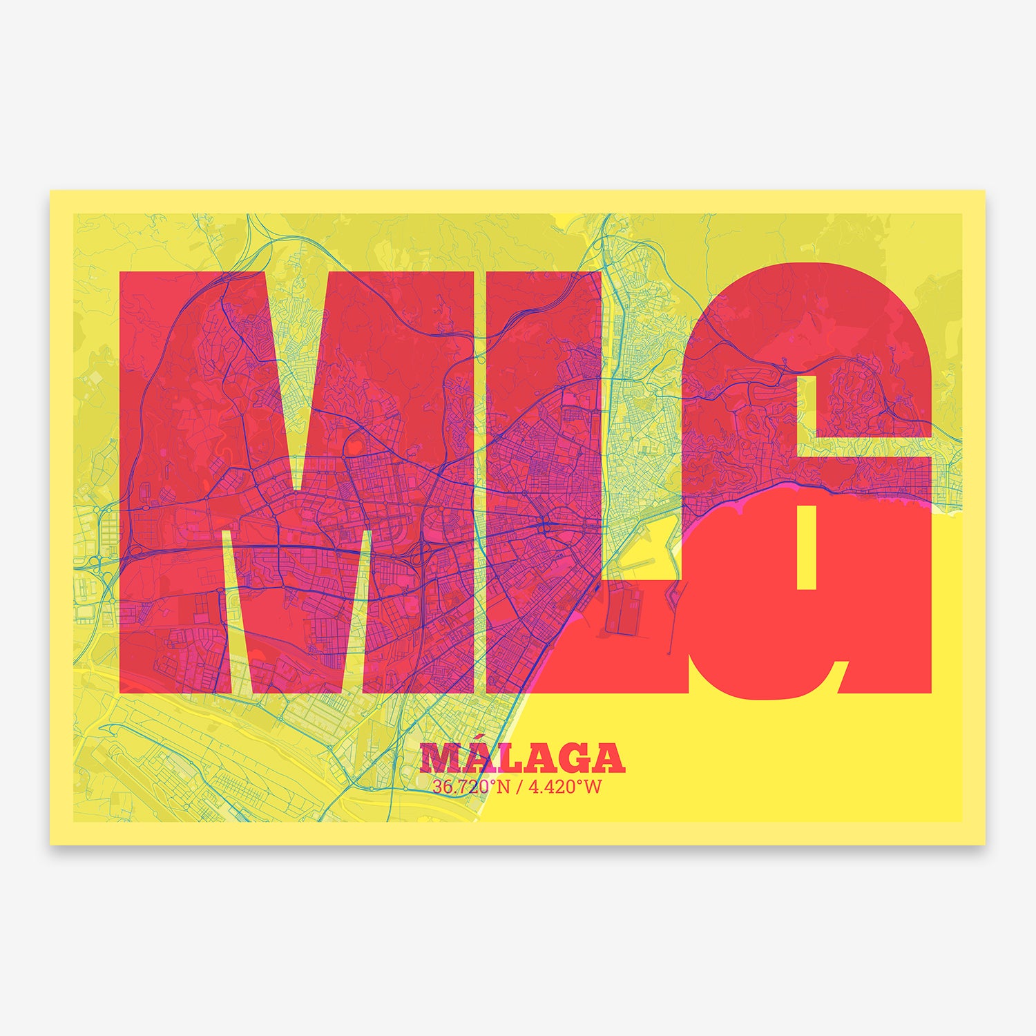 The map of Malaga composed with letters in a heavy geometric font printed on yellow and fuchsia