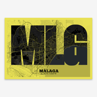 The map of Malaga composed with letters in a heavy geometric font printed on black and yellow