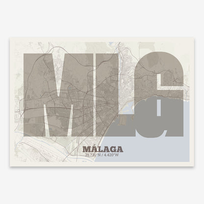 The map of Malaga composed with letters in a heavy geometric font printed on light brown and an off-white background