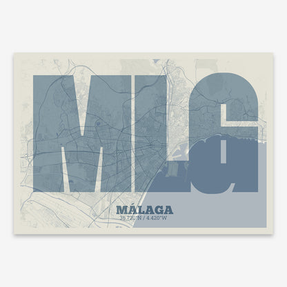 The map of Malaga composed with letters in a heavy geometric font printed on bluish gray and an off-white background