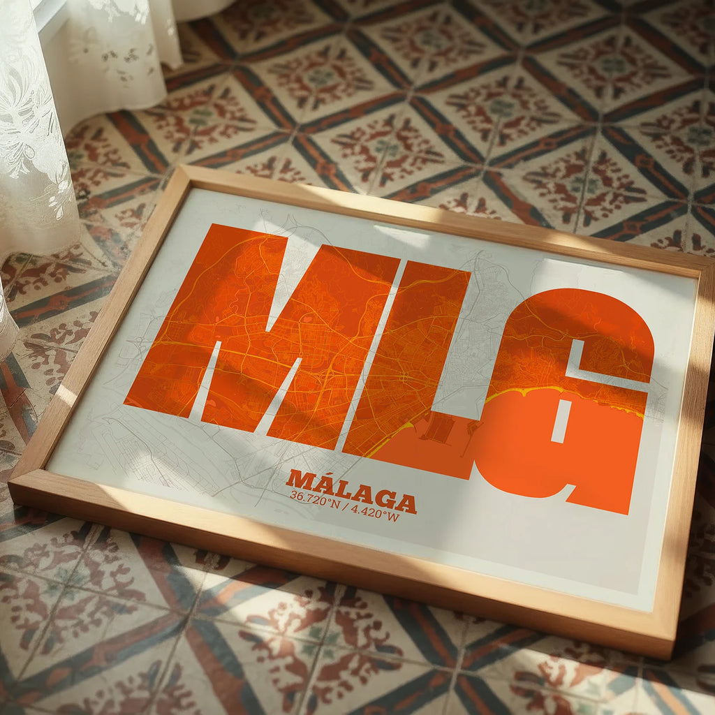 Modern interior design with a Malaga in Super Bold design, a typographic poster where the city map is overlaid with extra-thick lettering for a modern, high-impact look designed in orange and an off-white background, displayed on a living room wall