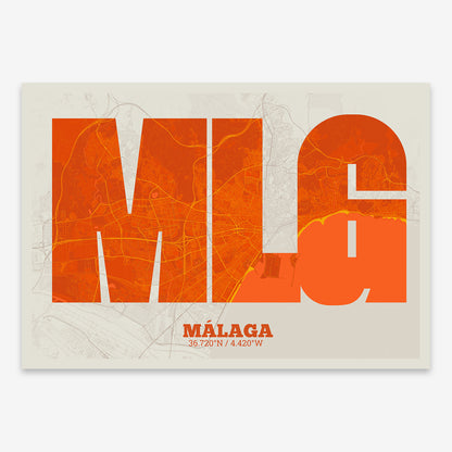 The map of Malaga composed with letters in a heavy geometric font printed on orange and an off-white background
