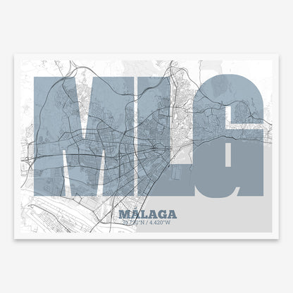 The map of Malaga composed with letters in a heavy geometric font printed on black and white