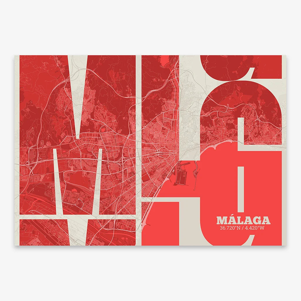 Poster of Malaga composed with letters from its abbreviation or its airport IATA code printed on red and an off-white background