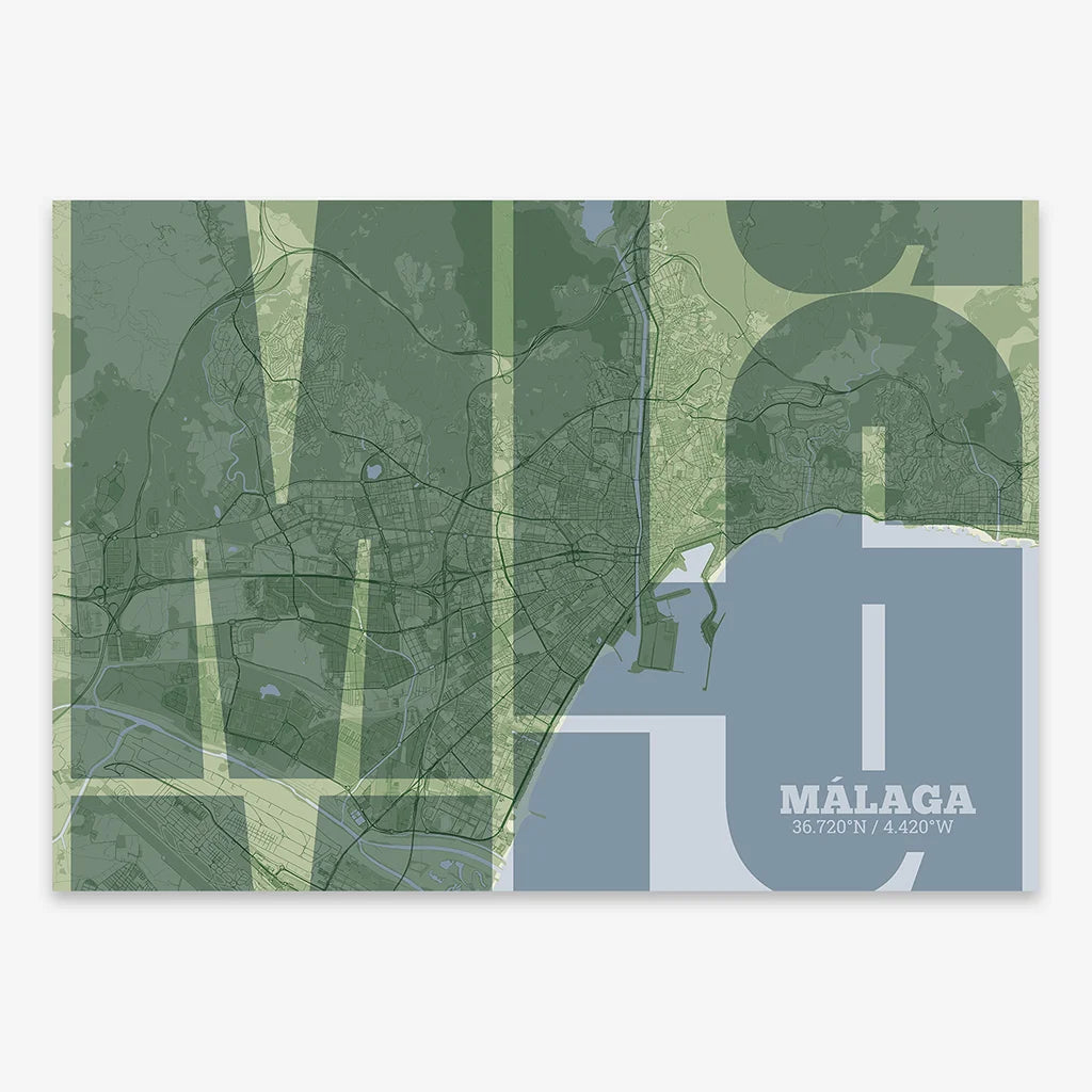 Poster of Malaga composed with letters from its abbreviation or its airport IATA code printed on two green tones