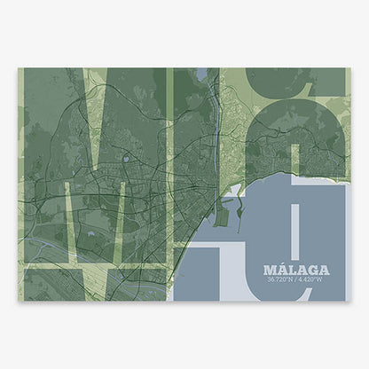 Poster of Malaga composed with letters from its abbreviation or its airport IATA code printed on two green tones