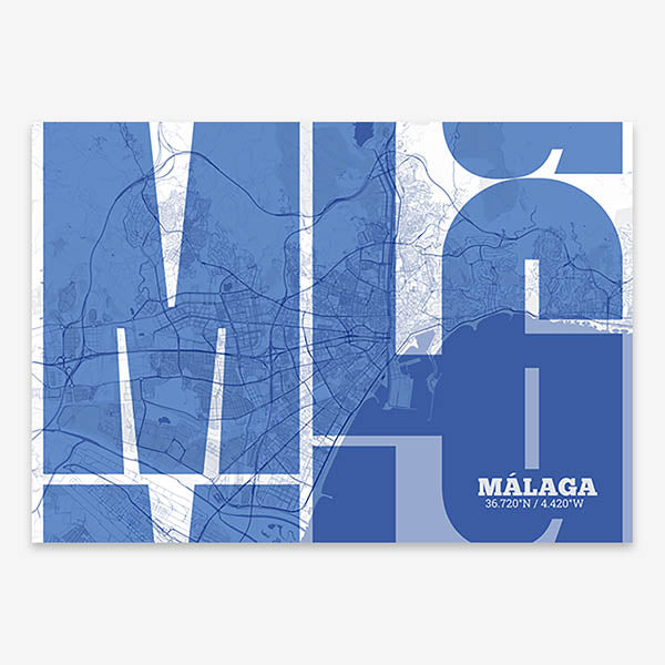 Poster of Malaga composed with letters from its abbreviation or its airport IATA code printed on navy blue and white