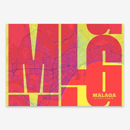 The map of Malaga composed with letters from its name or IATA code printed on yellow and fuchsia