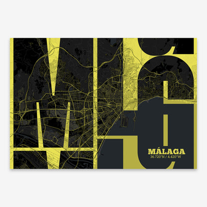 The map of Malaga composed with letters from its name or IATA code printed on black and yellow