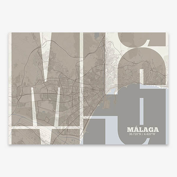 Poster of Malaga composed with letters from its abbreviation or its airport IATA code printed on light brown and an off-white background
