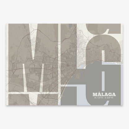 The map of Malaga composed with letters from its name or IATA code printed on light brown and an off-white background