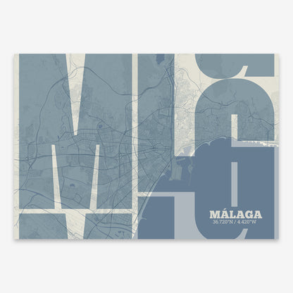 The map of Malaga composed with letters from its name or IATA code printed on bluish gray and an off-white background