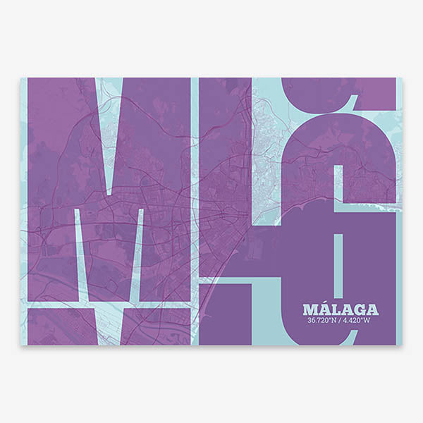 Poster of Malaga composed with letters from its abbreviation or its airport IATA code printed on purple and light blue