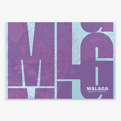 Poster of Malaga composed with letters from its abbreviation or its airport IATA code printed on purple and light blue
