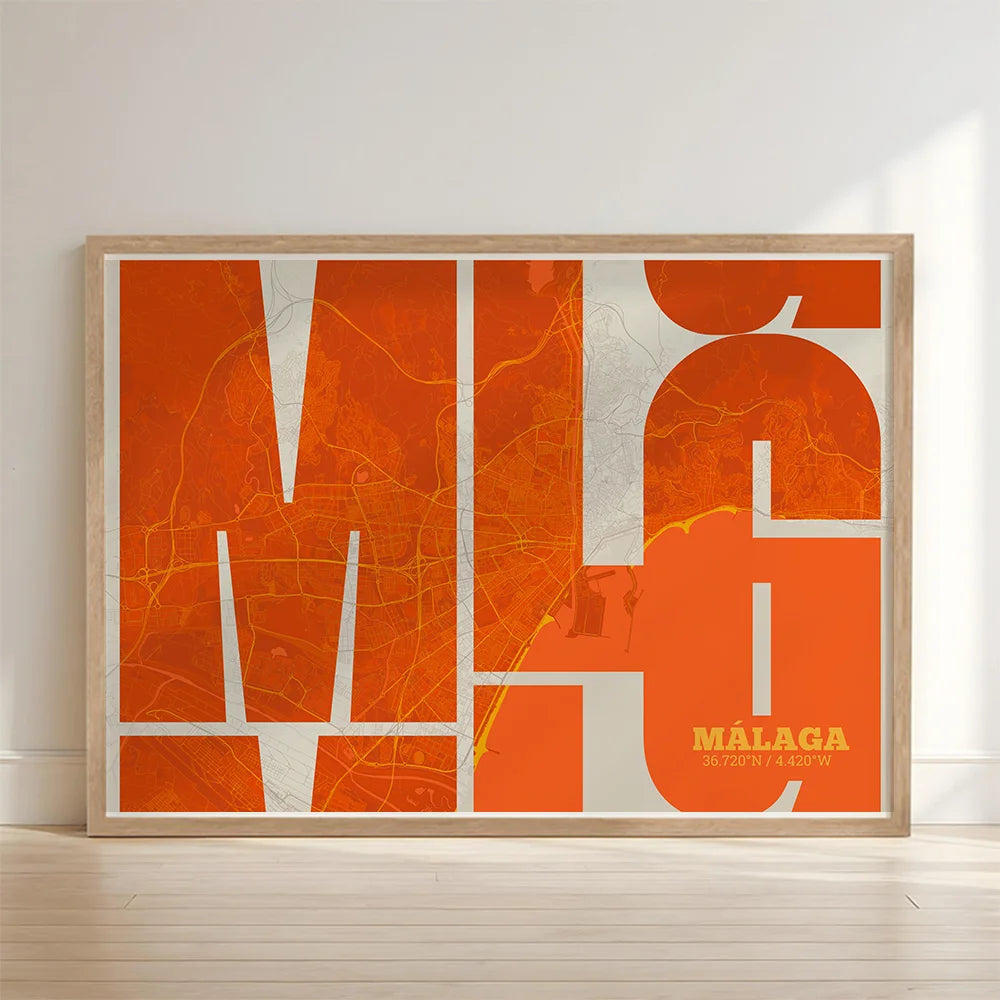 Póster artístico de Málaga con tipografía geométrica - Decoración personalizada