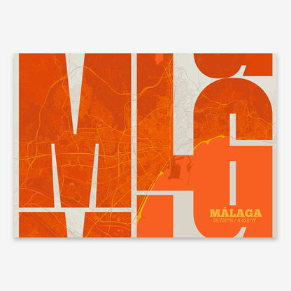 The map of Malaga composed with letters from its name or IATA code printed on orange and an off-white background