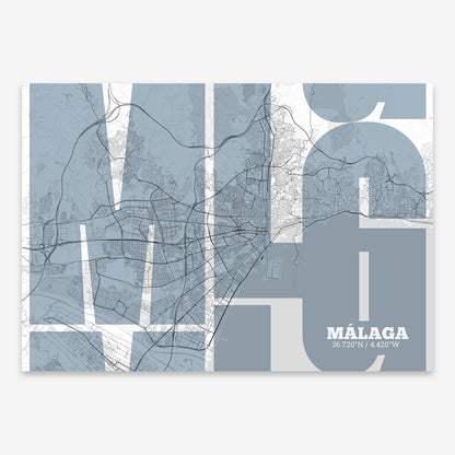 The map of Malaga composed with letters from its name or IATA code printed on black and white