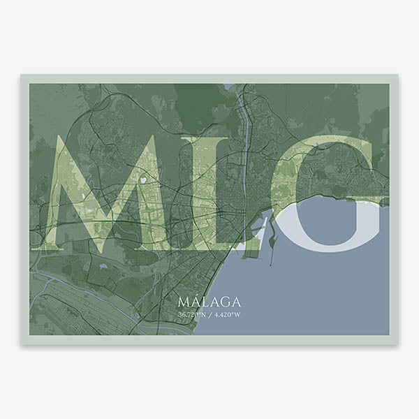 Decorative map of Malaga composed with letters in serif font printed on two green tones