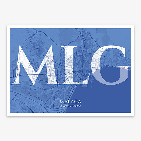 Decorative map of Malaga composed with letters in serif font printed on navy blue and white