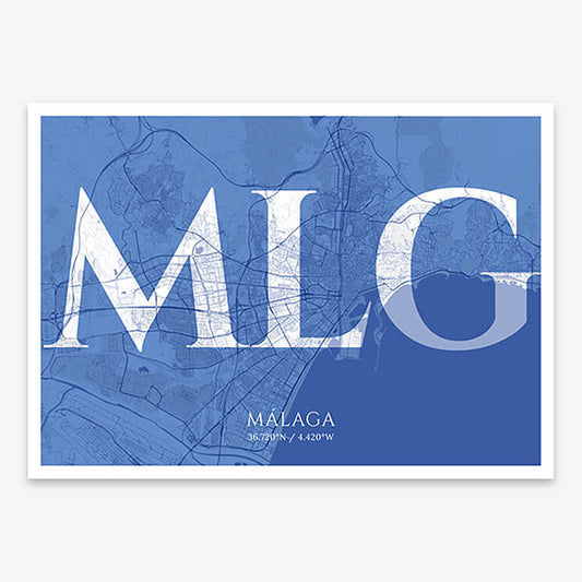 Decorative map of Malaga composed with letters in serif font printed on navy blue and white