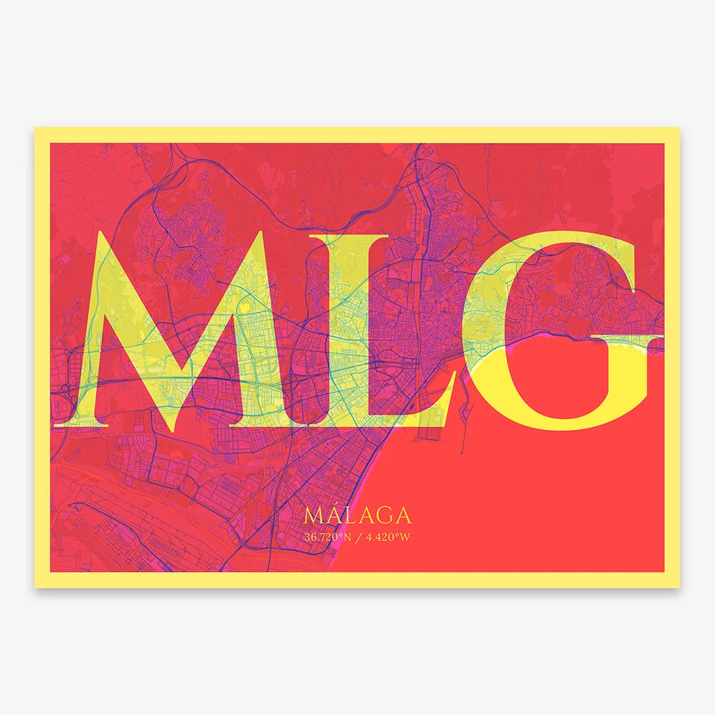 Decorative map of Malaga composed with letters in serif font printed on yellow and fuchsia