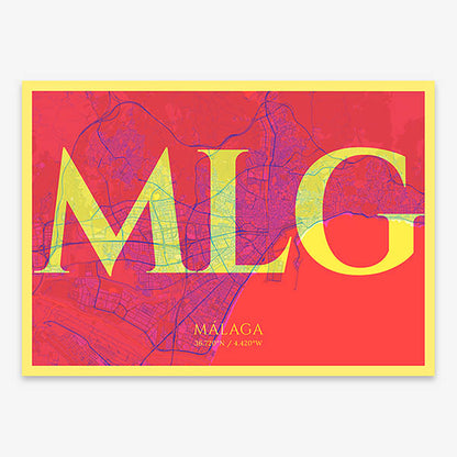 Decorative map of Malaga composed with letters in serif font printed on yellow and fuchsia