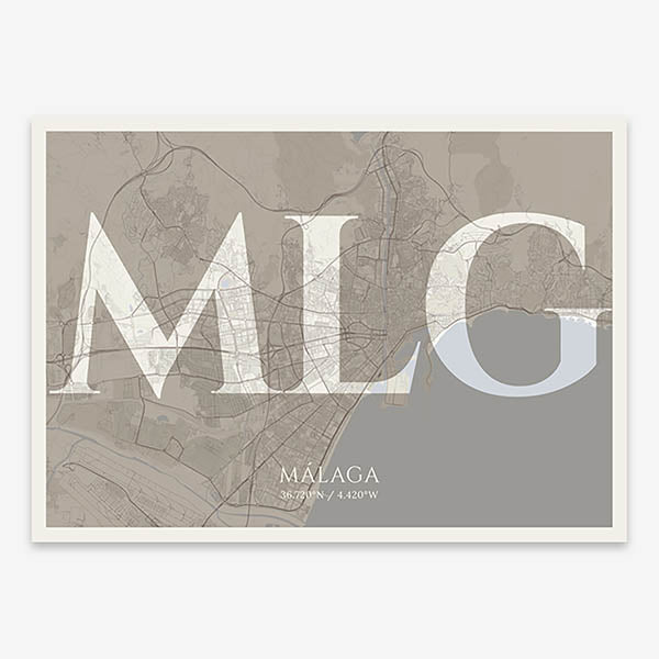 Decorative map of Malaga composed with letters in serif font printed on light brown and an off-white background
