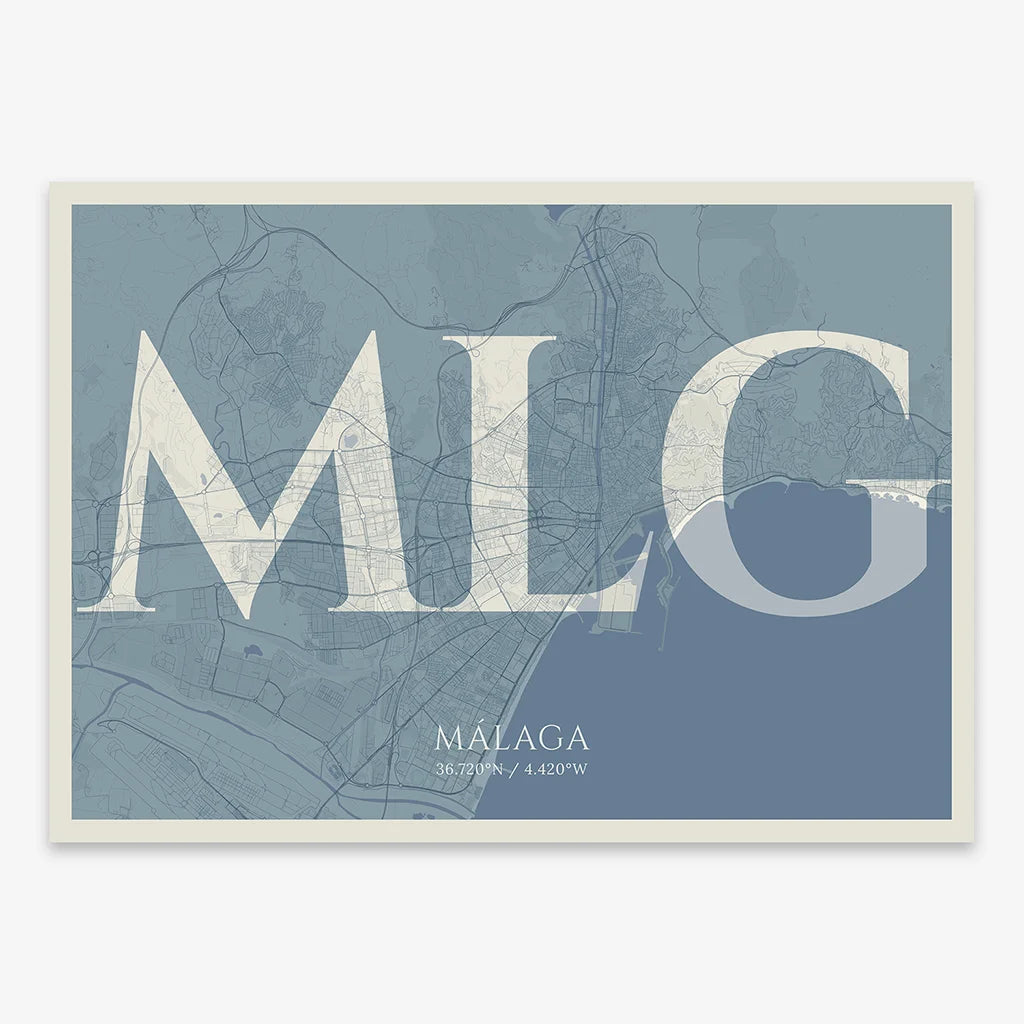 Decorative map of Malaga composed with letters in serif font printed on bluish gray and an off-white background