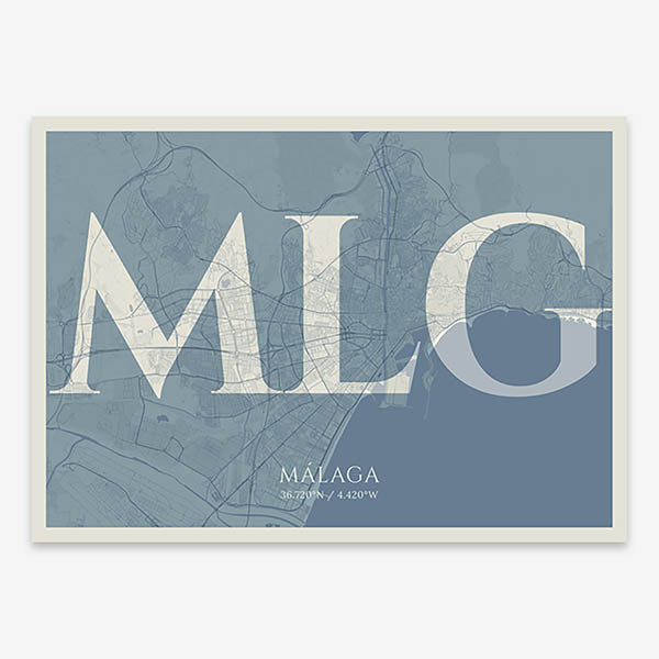 Decorative map of Malaga composed with letters in serif font printed on bluish gray and an off-white background