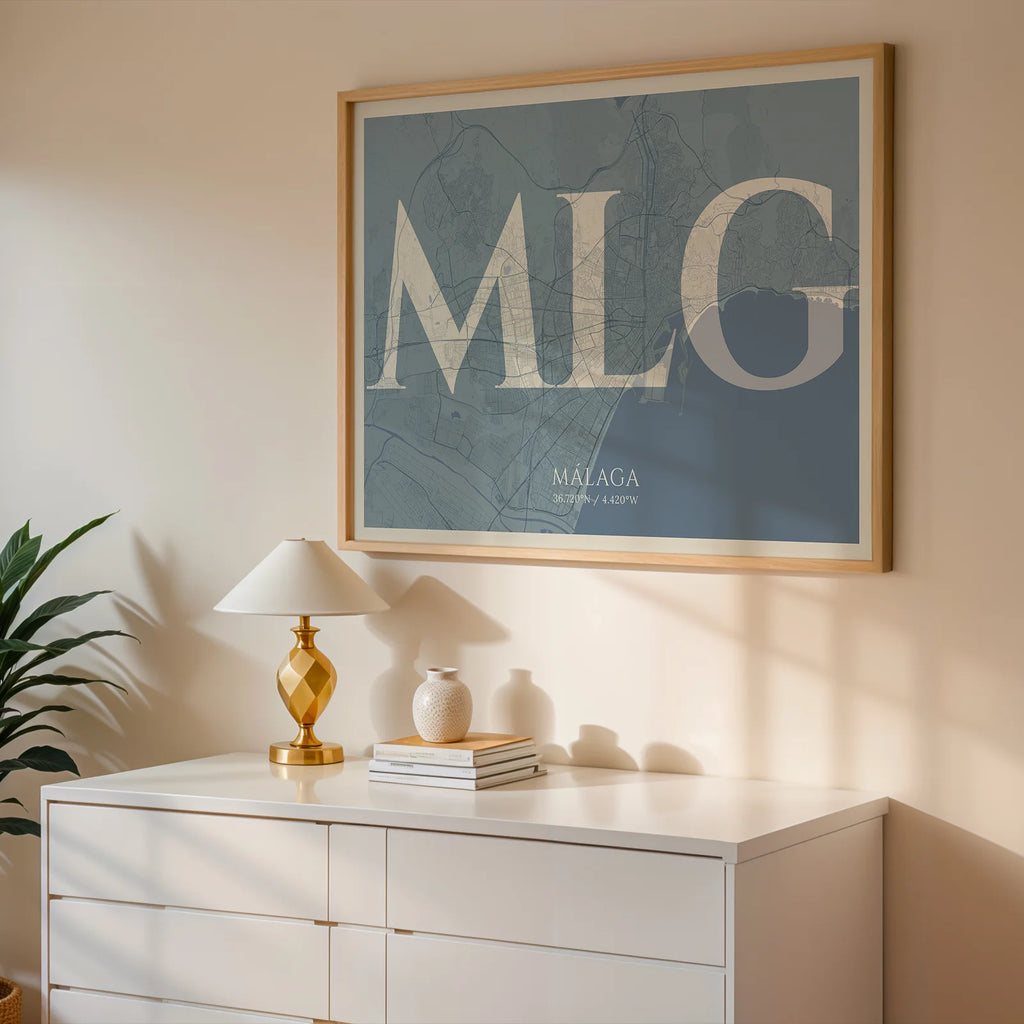 Modern interior design with a Malaga in Classic design, inspired by chiseled typography with an elegant font that creates a beautiful visual contrast designed in bluish gray and an off-white background, displayed on a living room wall