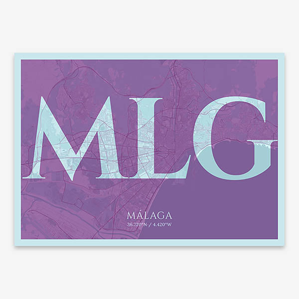 Decorative map of Malaga composed with letters in serif font printed on purple and light blue