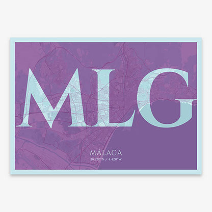 Decorative map of Malaga composed with letters in serif font printed on purple and light blue