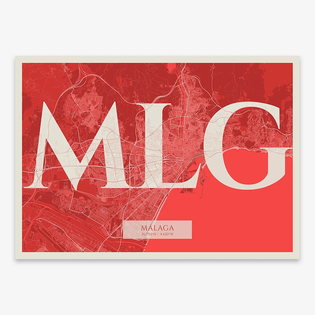 Decorative map of Malaga composed with letters in serif font printed on red and an off-white background