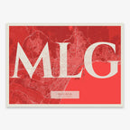 Decorative map of Malaga composed with letters in serif font printed on red and an off-white background