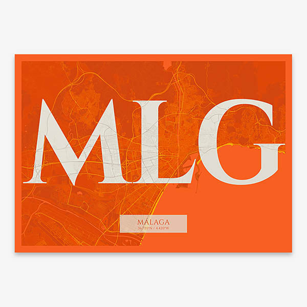 Decorative map of Malaga composed with letters in serif font printed on orange and an off-white background