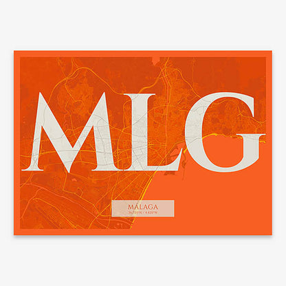 Decorative map of Malaga composed with letters in serif font printed on orange and an off-white background