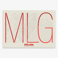 Poster of Malaga composed with letters in extra light font printed on red and an off-white background