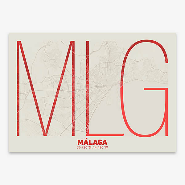 Poster of Malaga composed with letters in extra light font printed on red and an off-white background