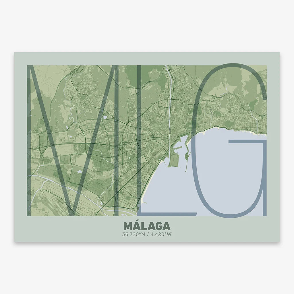 Poster of Malaga composed with letters in extra light font printed on two green tones