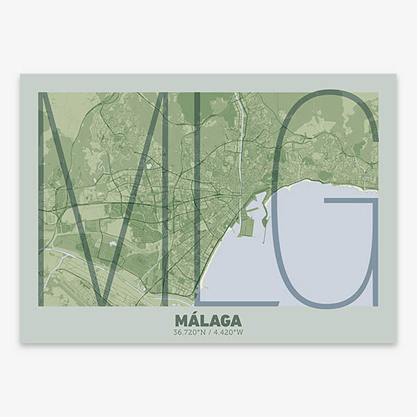 Poster of Malaga composed with letters in extra light font printed on two green tones