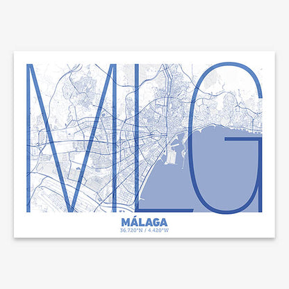 Poster of Malaga composed with letters in extra light font printed on navy blue and white