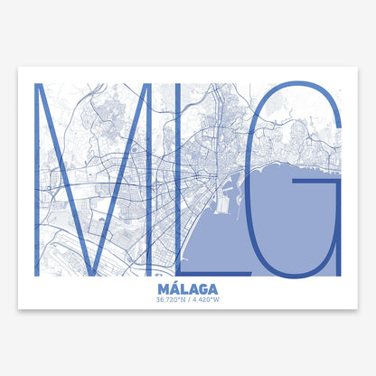 The map of Malaga composed with letters in extra light font printed on navy blue and white