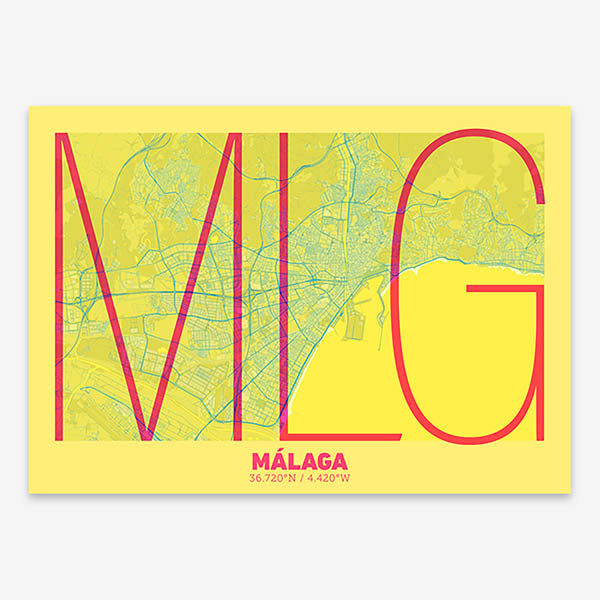 Poster of Malaga composed with letters in extra light font printed on yellow and fuchsia
