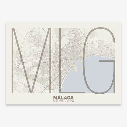 Poster of Malaga composed with letters in extra light font printed on light brown and an off-white background