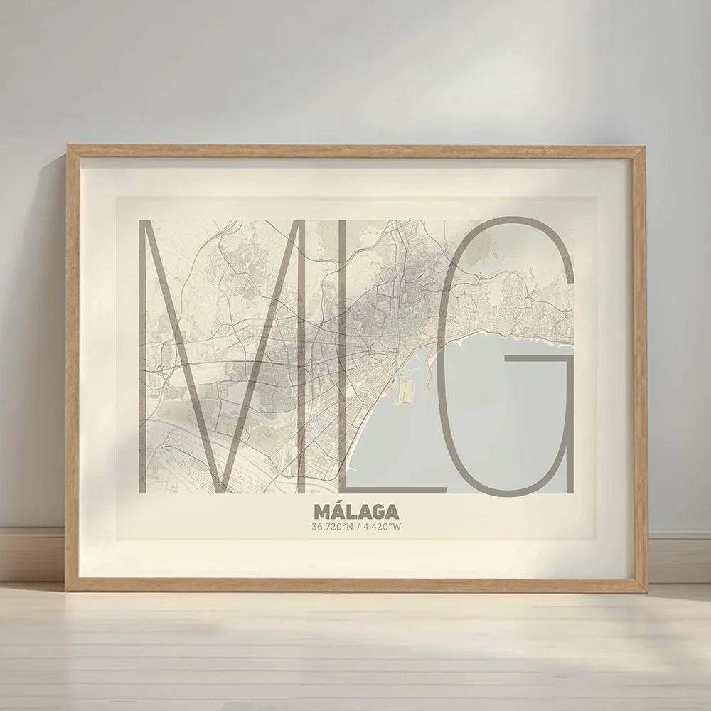 Framed Malaga in Ultralight design, a minimalist aesthetic combining urban cartography with modern, extra-thin elegant lettering designed in light brown and an off-white background with a white margin border in a warm lit minimalist setting