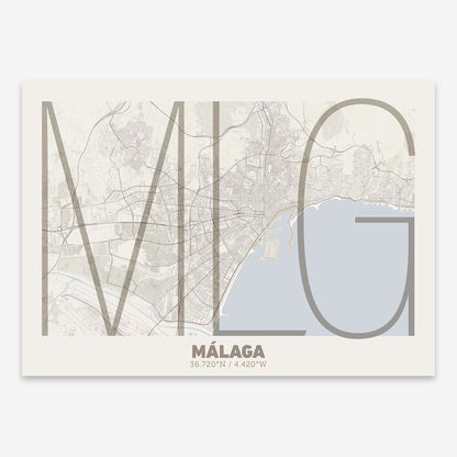 The map of Malaga composed with letters in extra light font printed on light brown and an off-white background